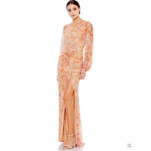 Mac Duggal 93547 Womens FLORAL PRINT SEQUINED PUFF SLEEVE GOWN - Picture 2 of 14